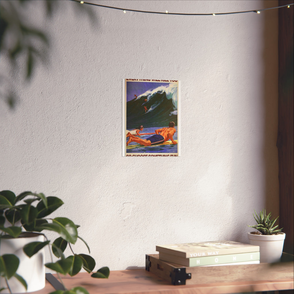 Surf vintage wall art poster with framed surfer on wave, sunset colors