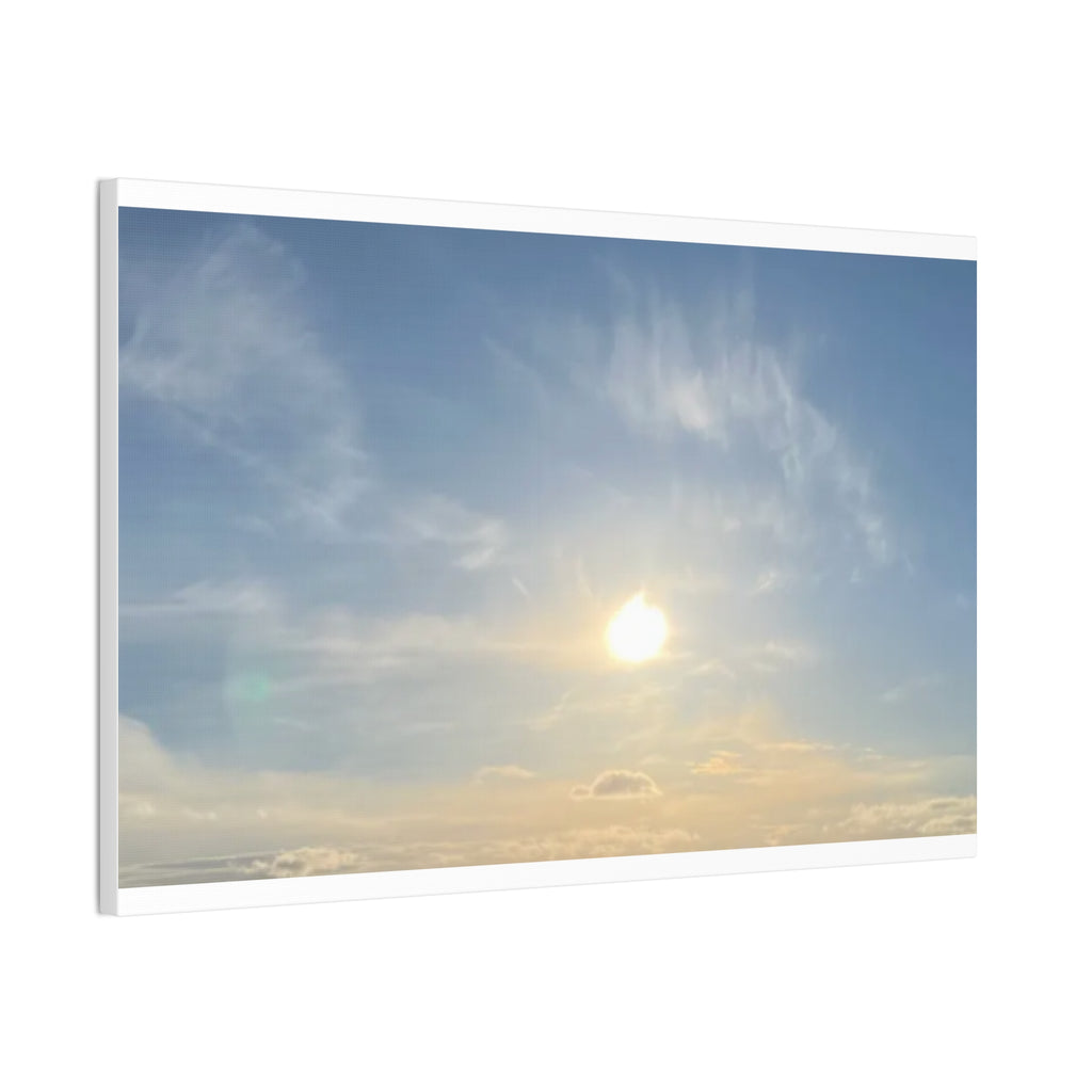 Landscape canvas print of sunrise sky with bright sun and scattered clouds, blue-gray