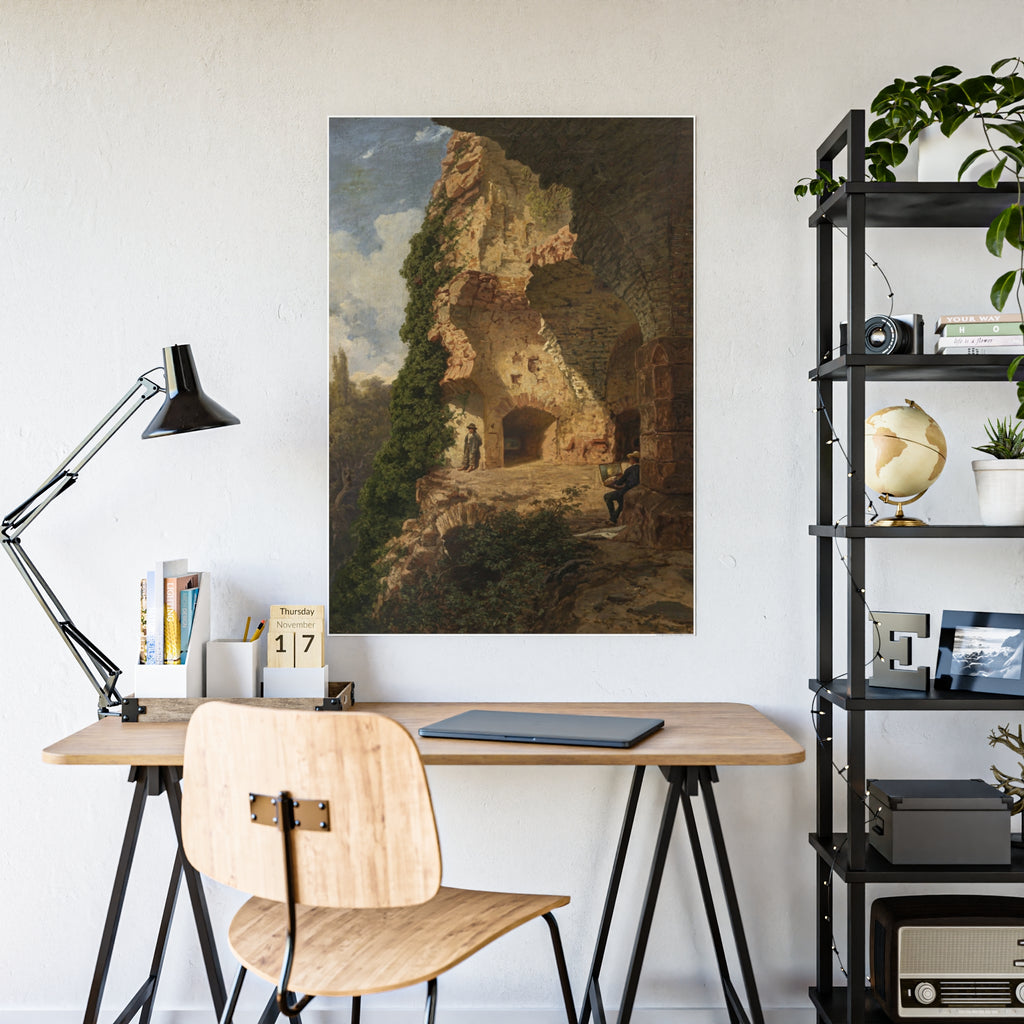 Landscape of ruins art print with rocky cliff, archway, and greenery in muted earth tones