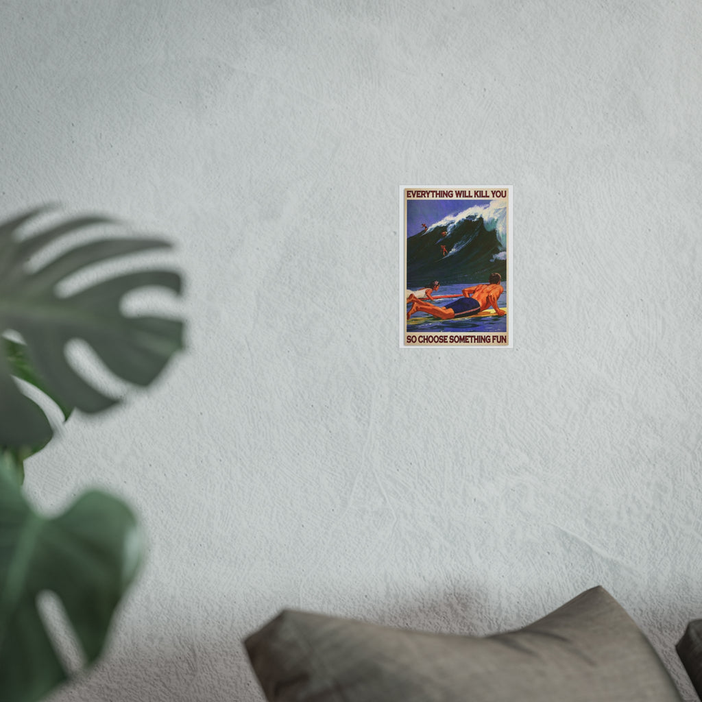 Framed wall poster with tiny surf scene and quote text, set against textured wall