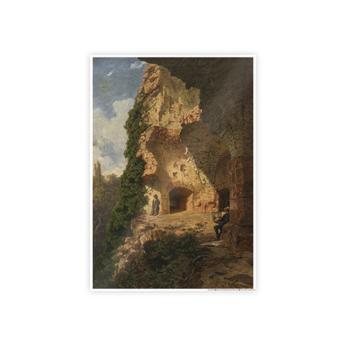 Framed landscape art print showing crumbling stone archways, green vines, and figures.