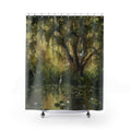 Shower curtain with green marshland tree painting and heron in pond scene
