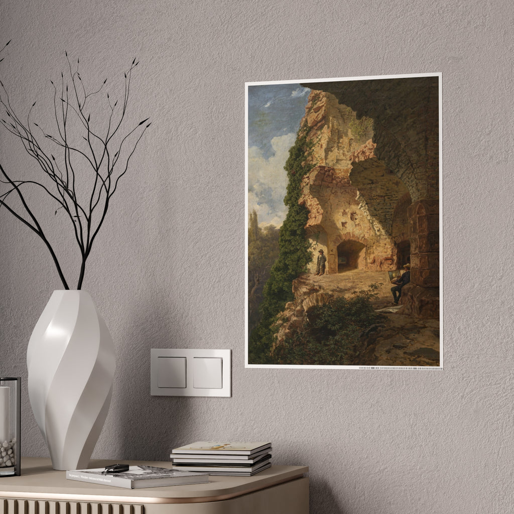 Framed landscape art print showing stone passage ruins, dense foliage, and walking figures.