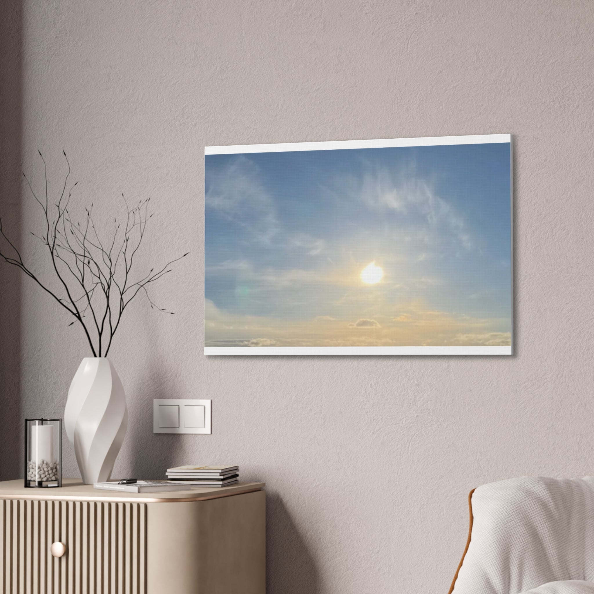 Tranquil sunrise sky canvas print with glowing sun and layered clouds, mounted