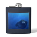Navy stainless steel hip flask with sea otter photo panel and metal screw cap