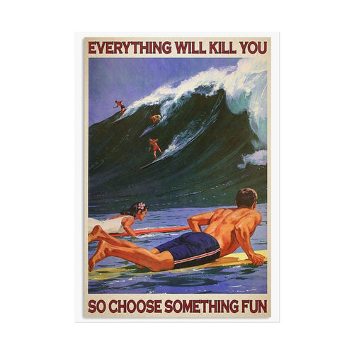 Framed vintage surf print with surfers, ocean waves, and red headline quote text.