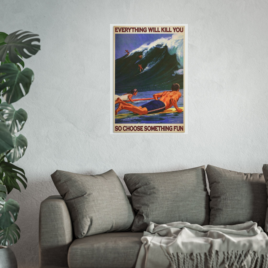 Framed wall poster with surf scene and quote text, centered above sofa
