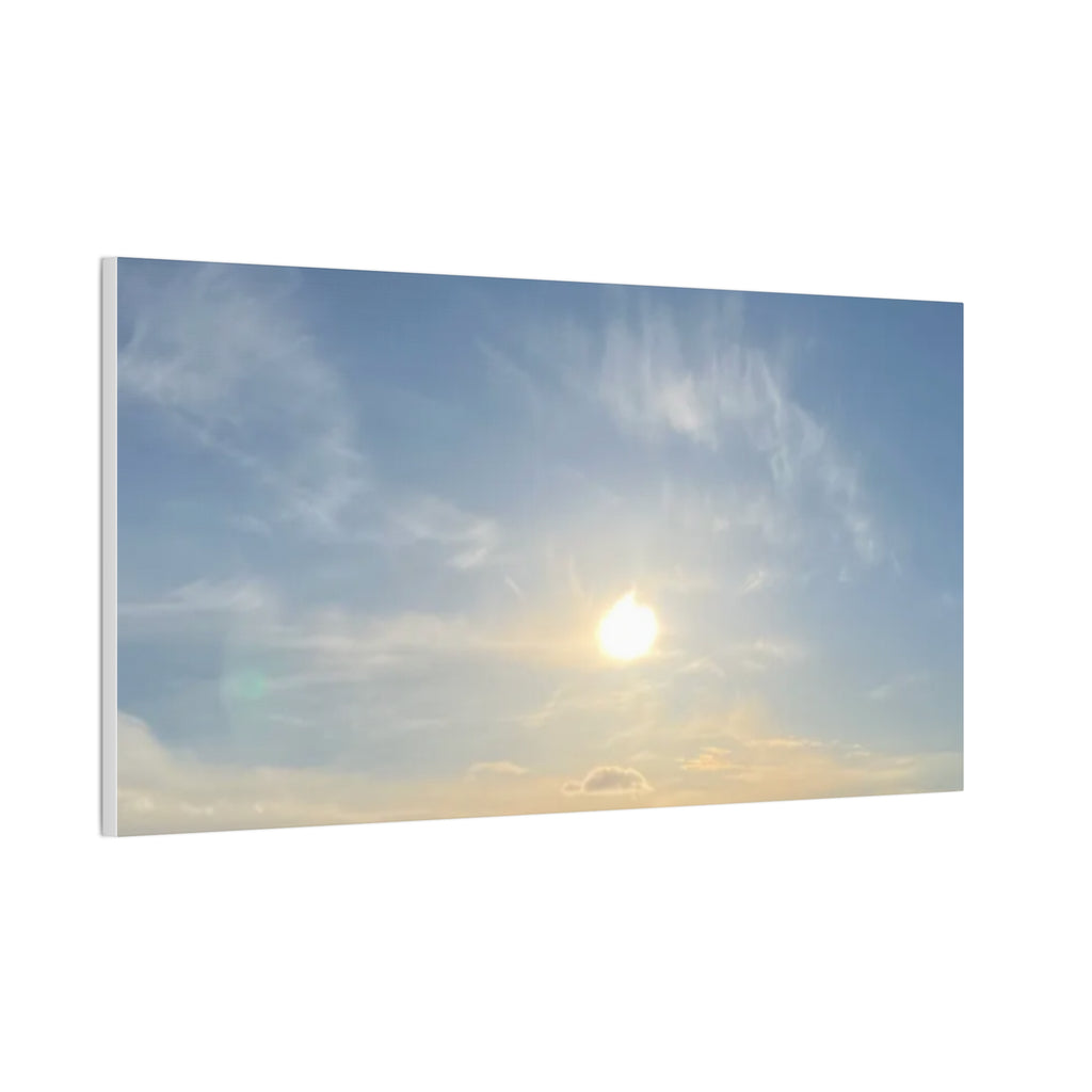 Landscape canvas print with sunrise sky, bright sun breaking through clouds, blue-gray tones