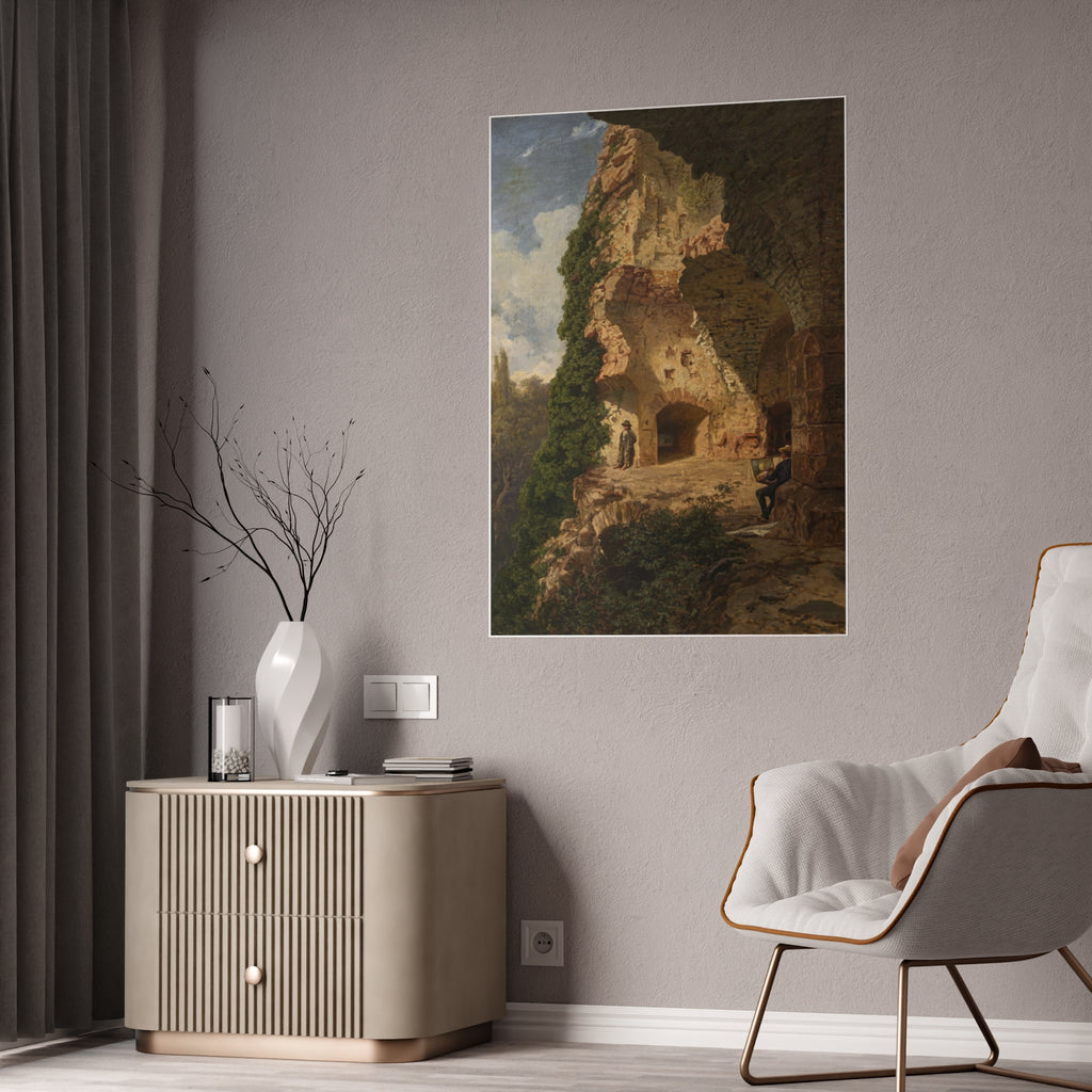Landscape of ruins art print with stone archway and cliffside greenery in earth tones