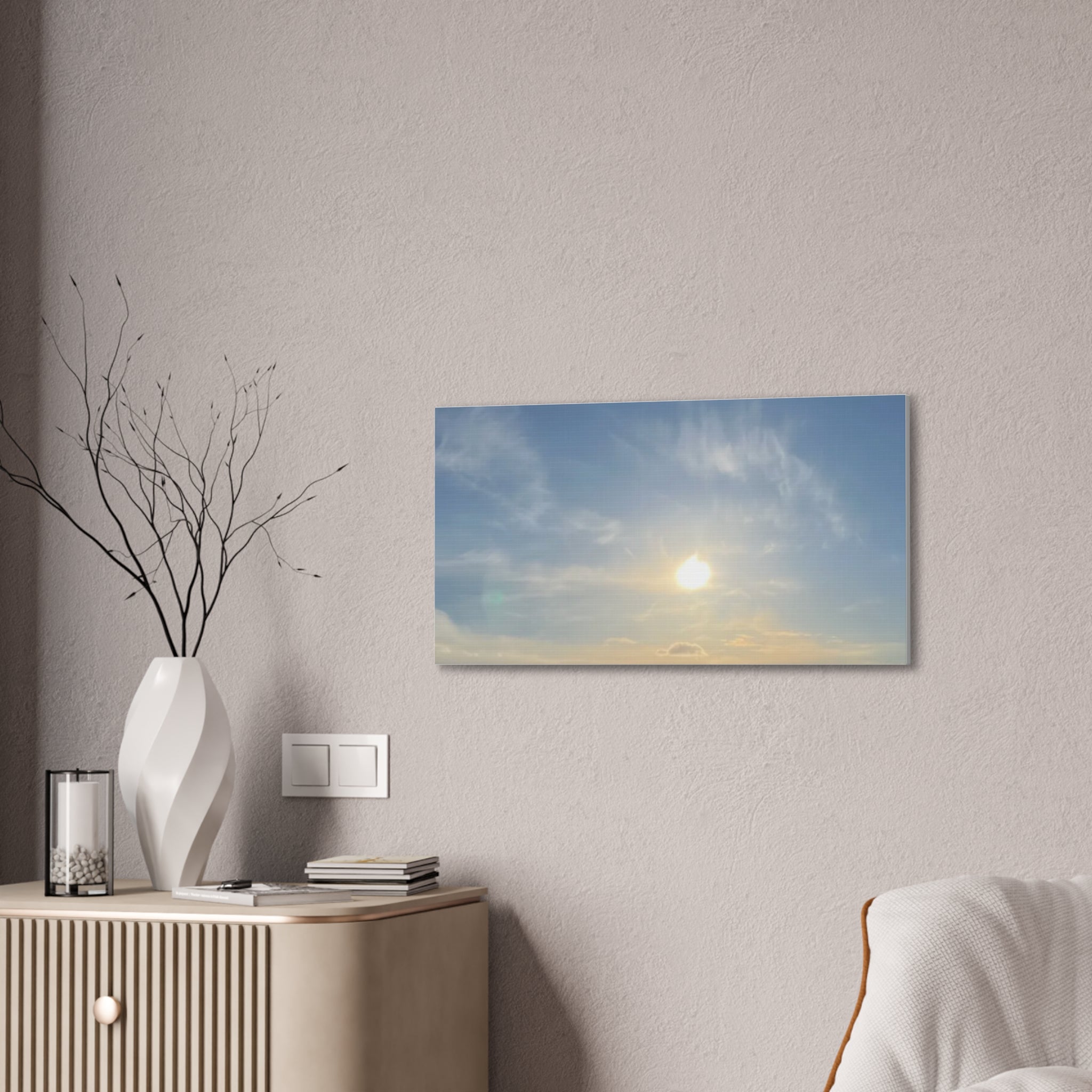 Wall canvas print with sunrise sky, bright sun over horizon, blue and warm color highlights