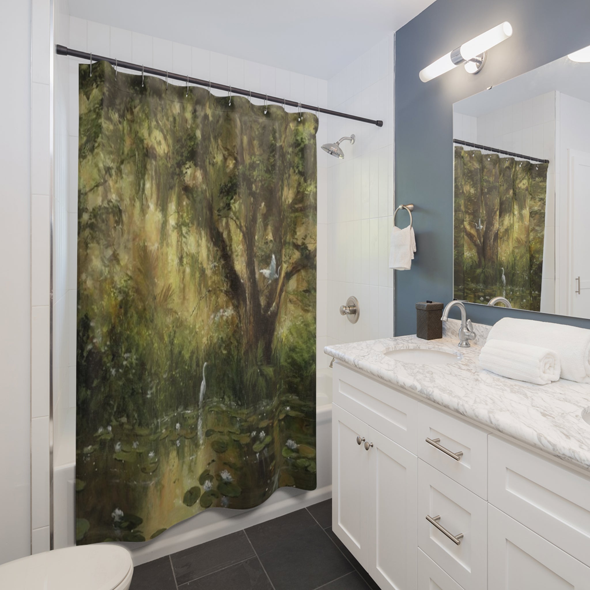Shower Curtain - Serene Marshland with Heron & Tree Painting