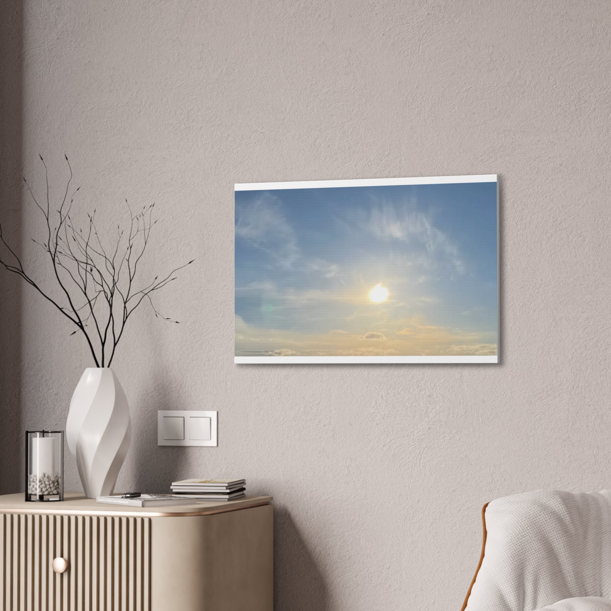 Sunrise sky canvas print with bright sun and soft clouds, mounted on wall