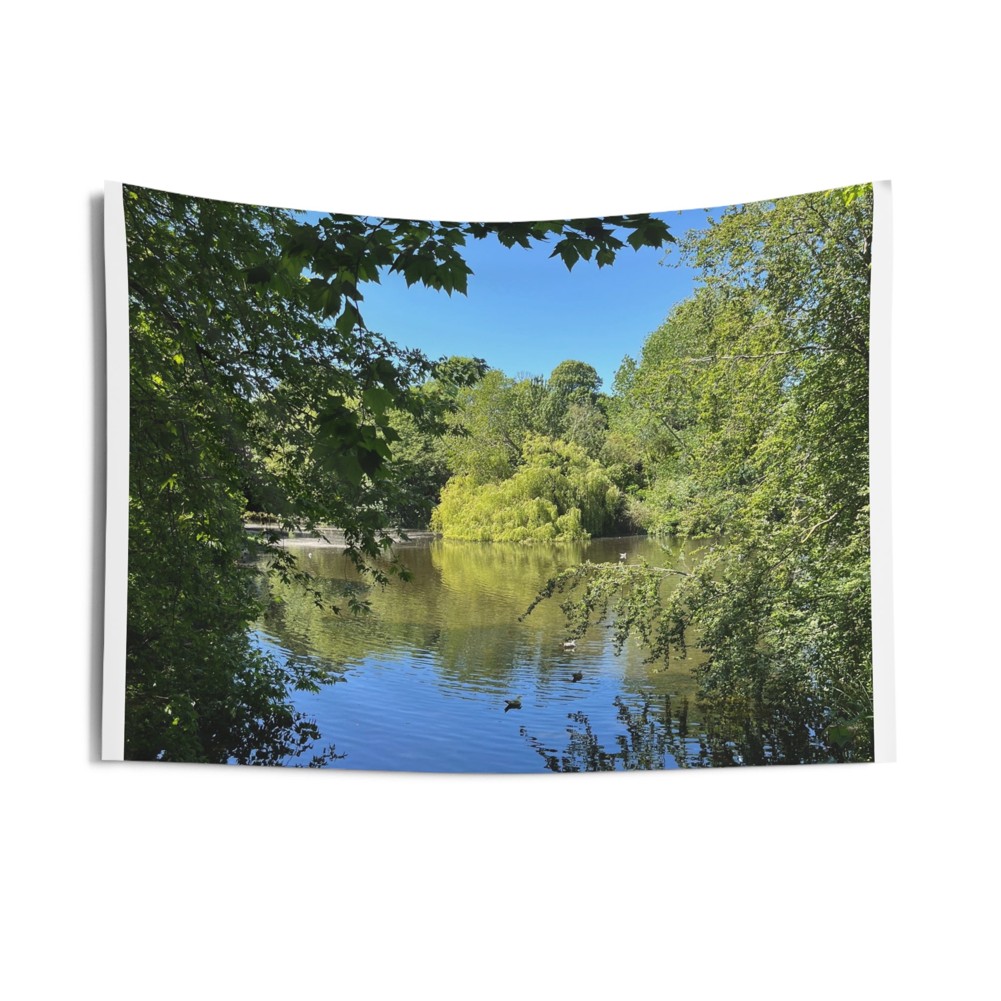 Lake View Wall Tapestry — Tranquil Green Forest Pond Scenic Tapestry