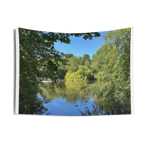 Forest lake scenic tapestry wall hanging, blue water with dense green tree canopy