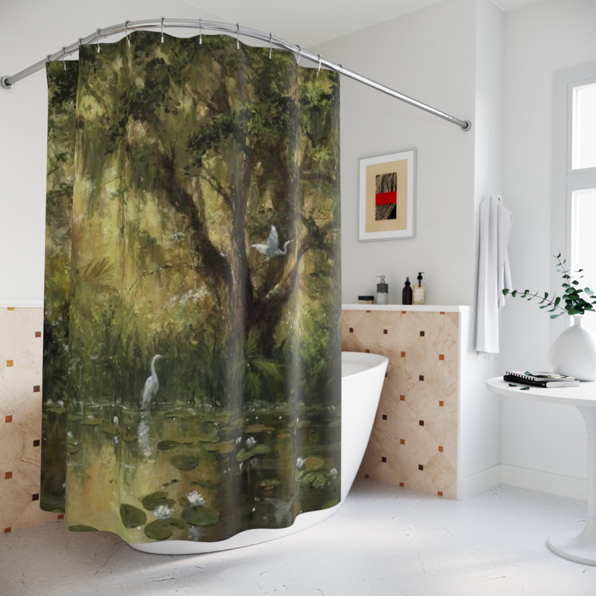 Shower Curtain - Serene Marshland with Heron & Tree Painting