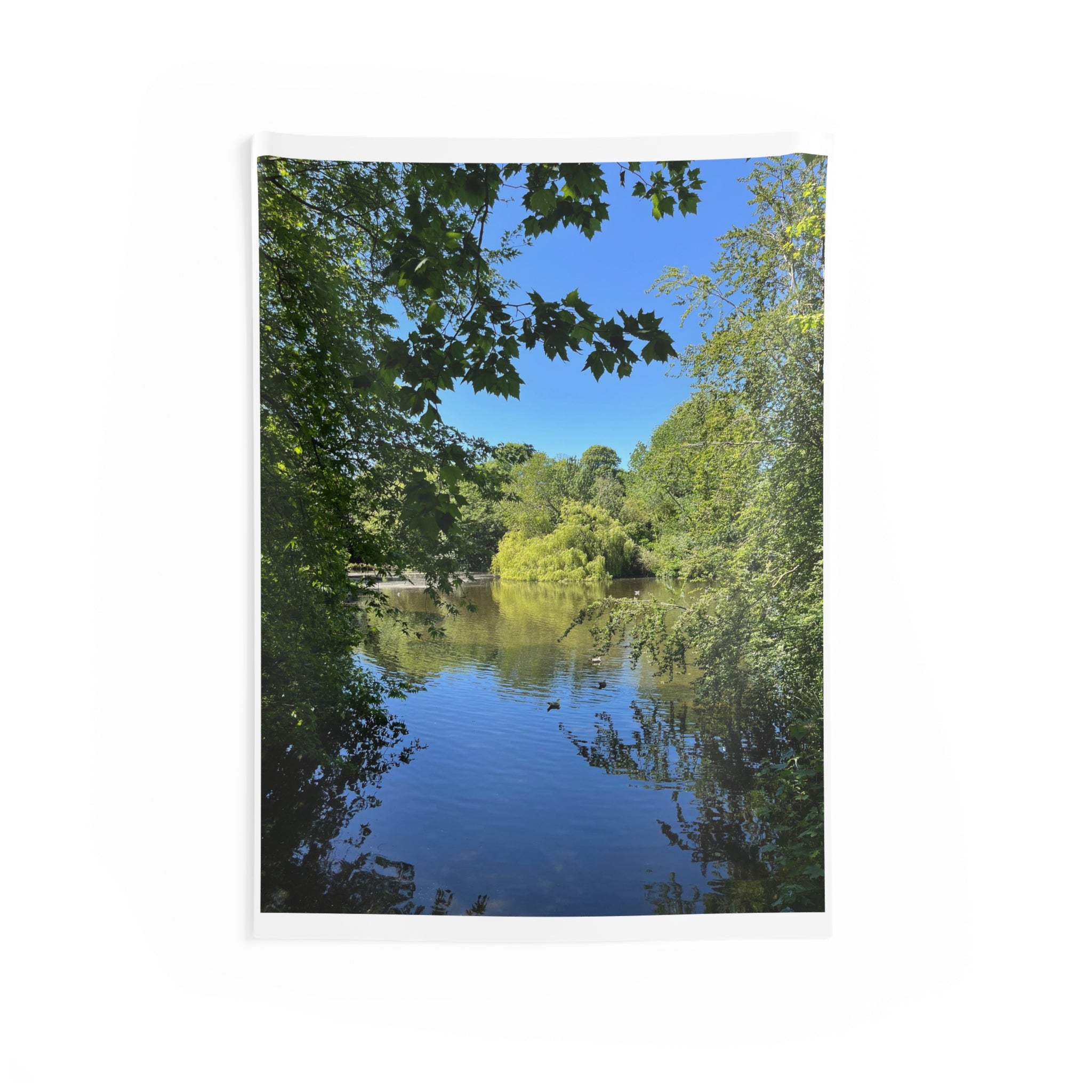 Lake View Wall Tapestry — Tranquil Green Forest Pond Scenic Tapestry