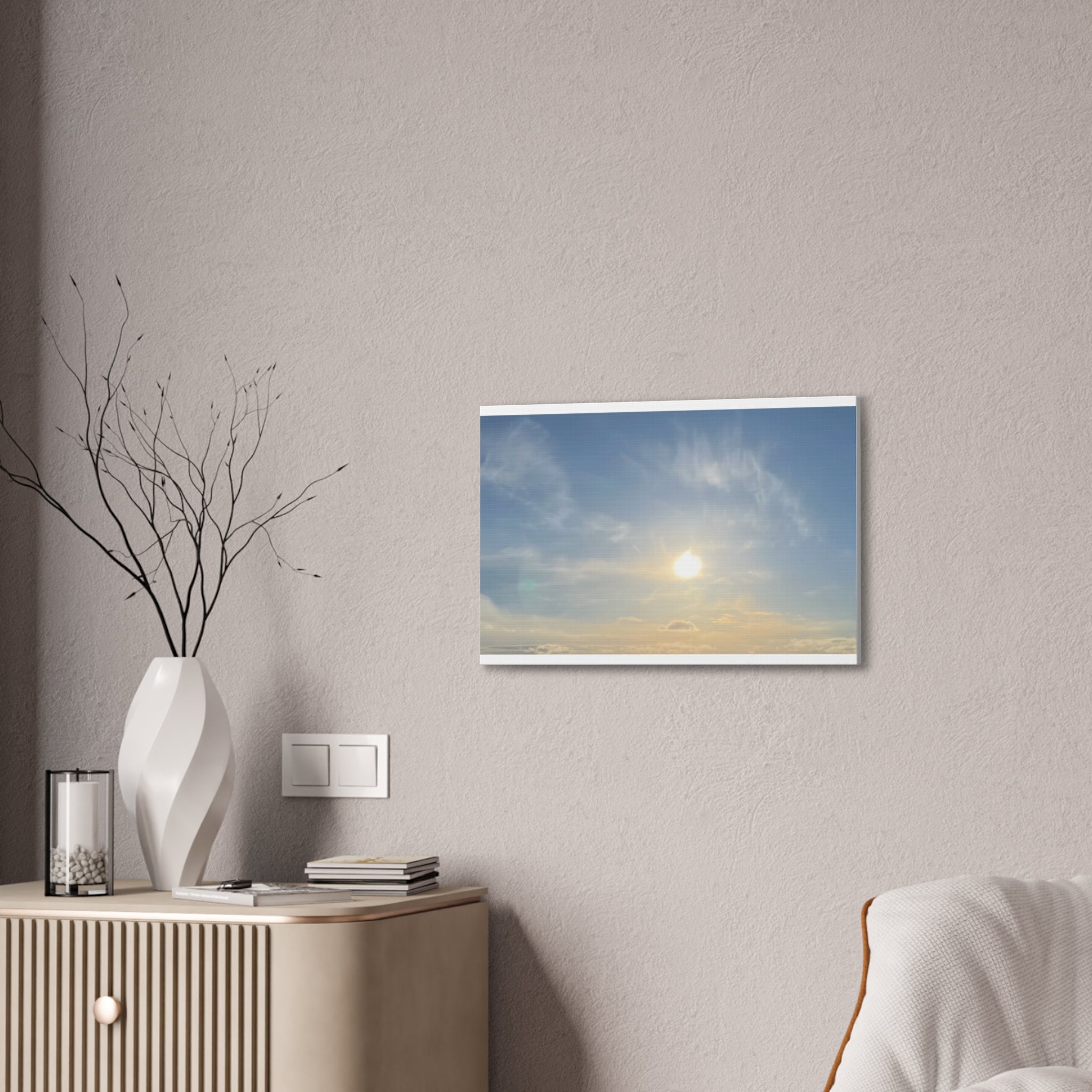 Small wall canvas print with sunrise sky, glowing sun, and pale clouds in blue and gold