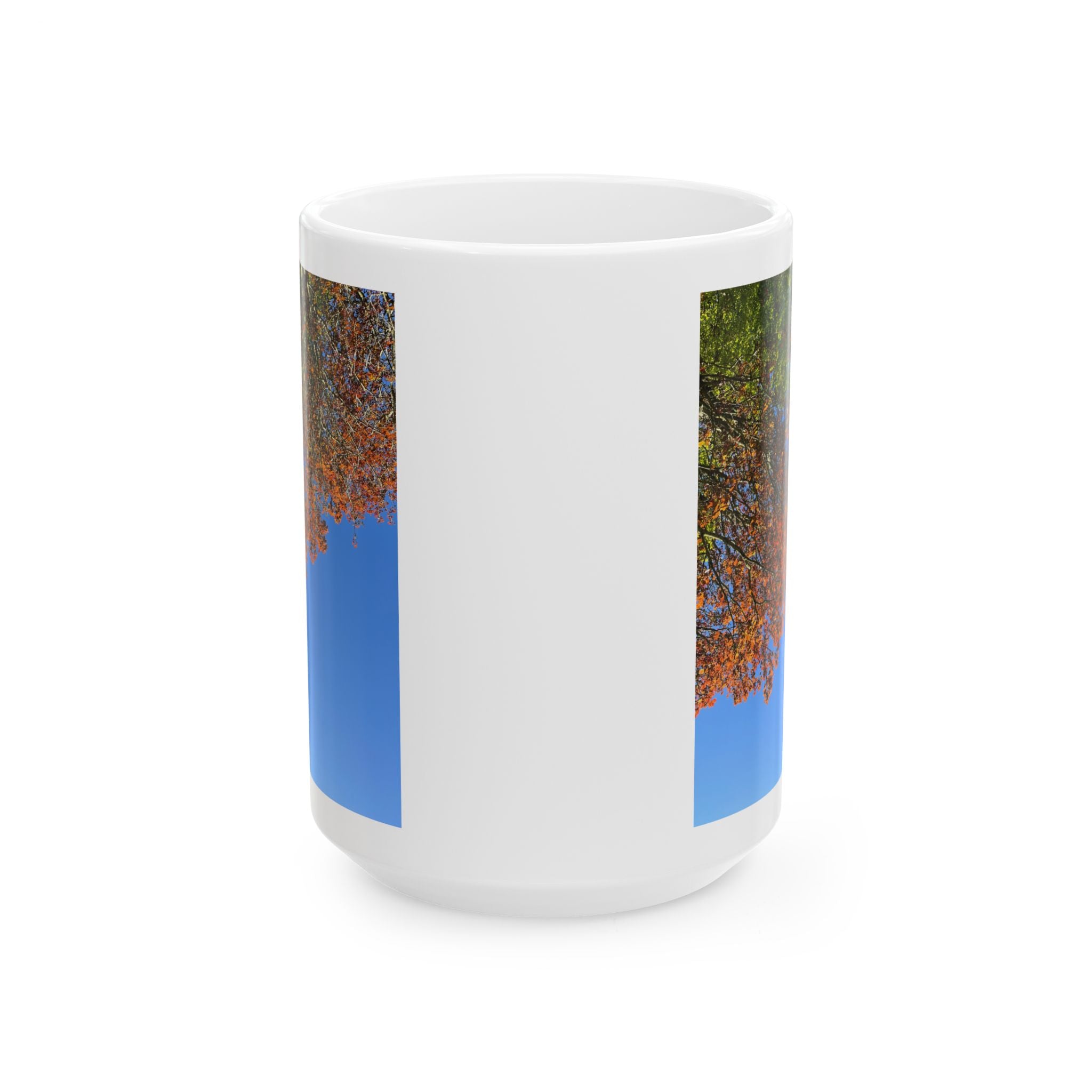 White ceramic mug with side panel photo print, blue sky and colorful trees
